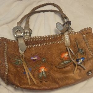 Embroidered Tan Leather Women's Bag
